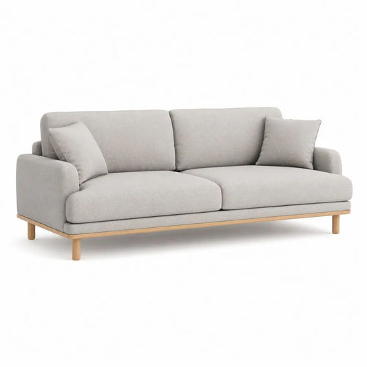 Canapé droit 3 places en tissu gris clair avec structure en bois et pieds en bois naturel, 200 × 86 × 82 cm