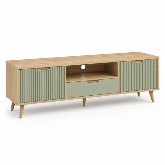 Meuble TV bas rectangulaire en panneaux de particules et MDF, 2 portes, 1 tiroir, niche et passe-câbles, chêne naturel et vert sauge, 140 × 40 × 55 cm
