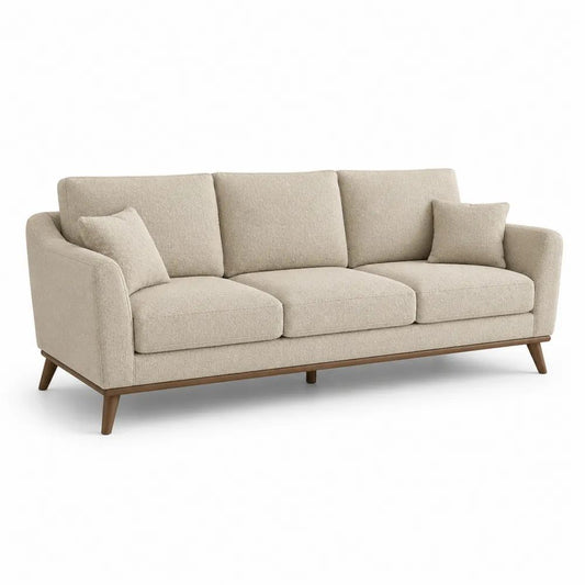 Canapé droit 3 places en tissu bouclé beige clair avec pieds en bois massif marron, 220 x 88 x 86 cm