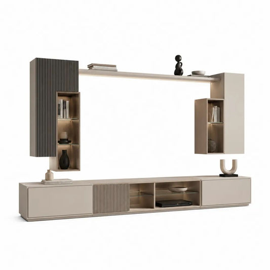 Ensemble meuble TV mural rectangulaire 4 pièces en MDF mélaminé avec rangements et éclairage DEL, beige taupe et brun foncé, 320 × 42 × 205 cm