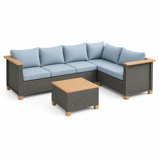 Salon de jardin d’angle 5 places en résine tressée et bois gris anthracite, coussins bleu clair, canapé 215 × 215 × 70 cm et table basse 62 × 62 × 35 cm