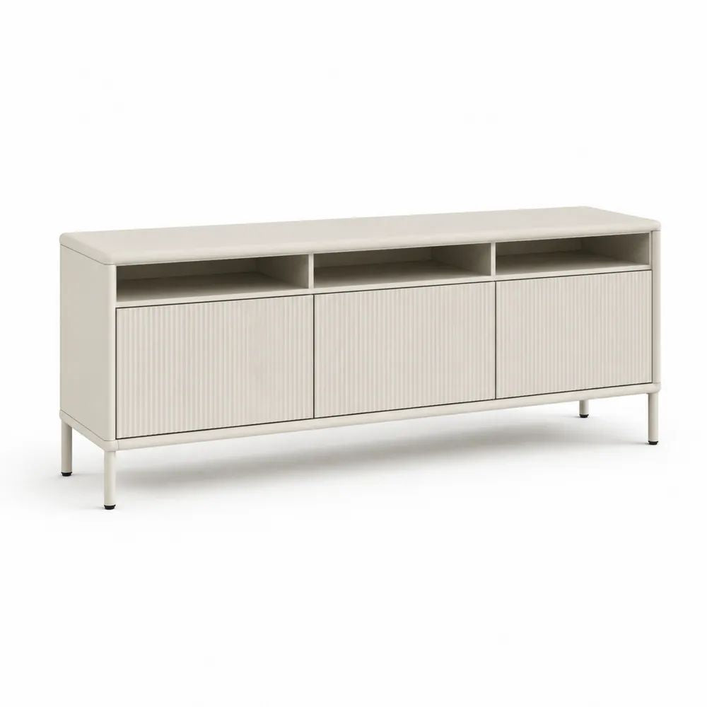 Meuble TV rectangulaire à 3 portes et 3 niches en MDF et acier beige, 160 × 40 × 70 cm