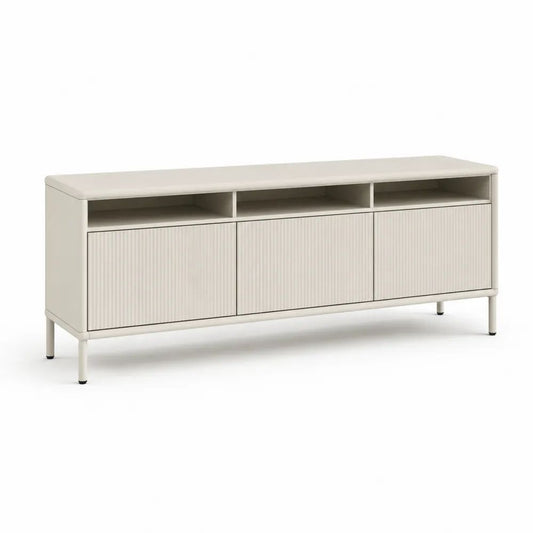 Meuble TV rectangulaire à 3 portes et 3 niches en MDF et acier beige, 160 × 40 × 70 cm