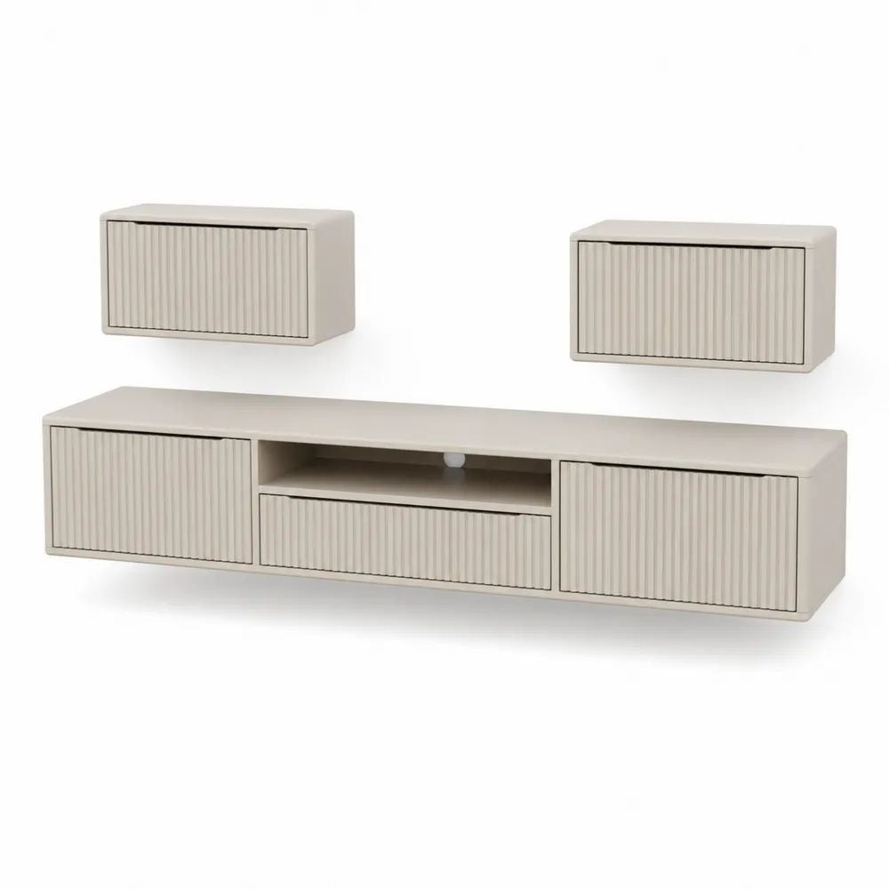 Ensemble meuble TV mural 3 pièces en MDF beige à façades cannelées, meuble bas 180 × 40 × 45 cm et 2 caissons 60 × 30 × 35 cm