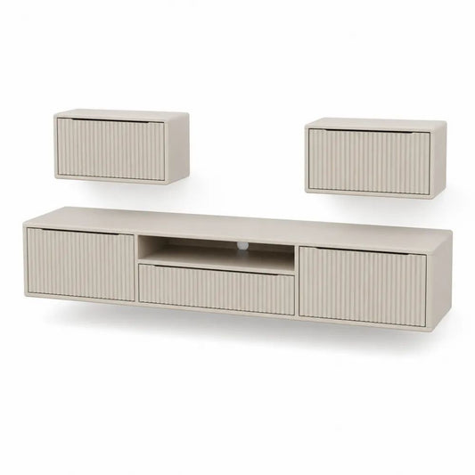 Ensemble meuble TV mural 3 pièces en MDF beige à façades cannelées, meuble bas 180 × 40 × 45 cm et 2 caissons 60 × 30 × 35 cm