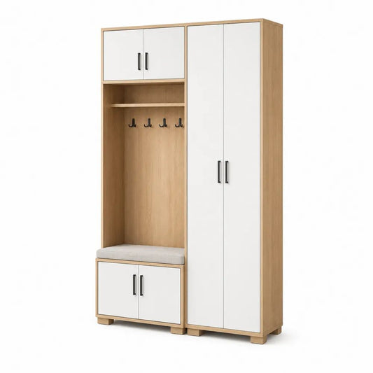 Armoire vestiaire d’entrée en bois avec banc, coussin, crochets et rangements, chêne clair et blanc, 120 x 40 x 200 cm