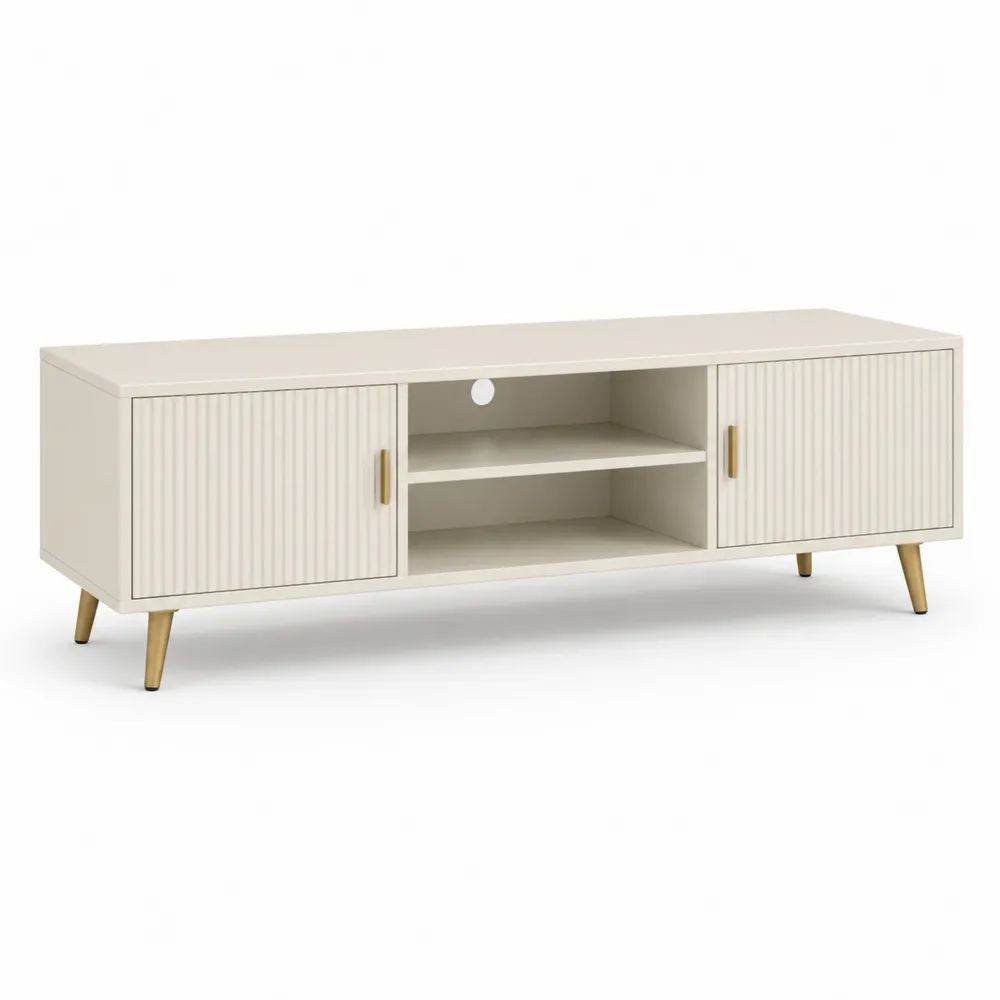 Meuble TV rectangulaire en panneaux MDF ivoire avec 2 portes, 2 niches et pieds en acier doré, 140 x 40 x 60 cm