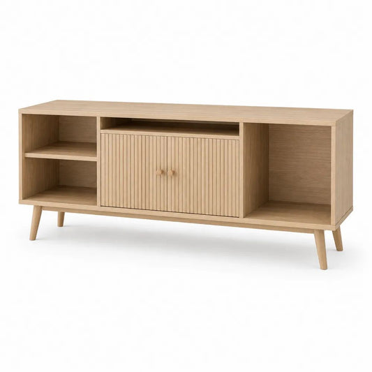 Meuble TV bas en bois, 2 portes cannelées et 4 niches, chêne naturel, 140 x 40 x 70 cm