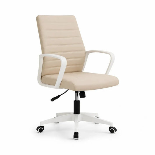 Chaise de bureau pivotante réglable en similicuir beige et métal, avec accoudoirs et roulettes, 58 × 60 × 91-101 cm