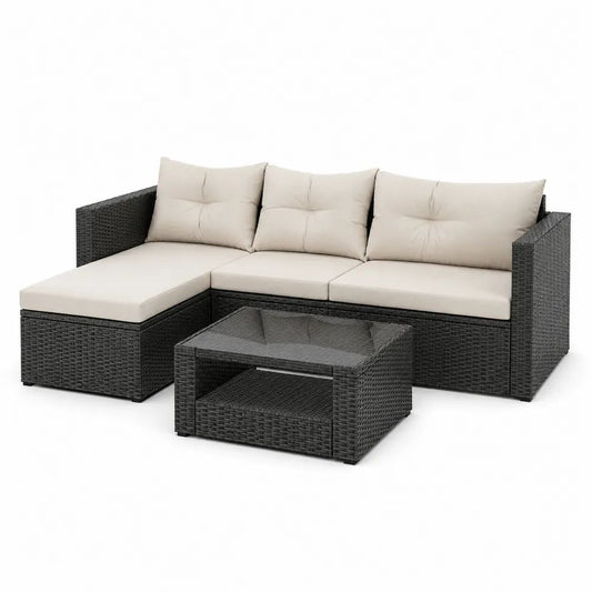 Salon de jardin extérieur 2 pièces, canapé d’angle 3 places en résine tressée anthracite avec coussins beiges, 190 × 130 × 65 cm, table basse 70 × 50 × 38 cm