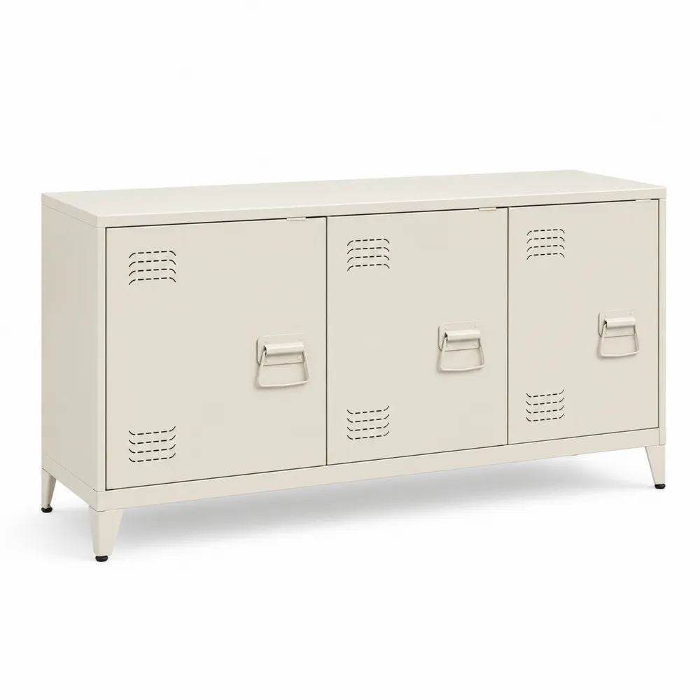 Meuble bas pour télévision en acier à 3 portes ventilées, blanc cassé et noir, 120 × 40 × 70 cm