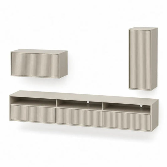 Ensemble meuble TV mural 3 pièces en MDF et panneaux mélaminés beige grège – 180 × 35 × 40 cm, 70 × 30 × 35 cm et 40 × 30 × 100 cm